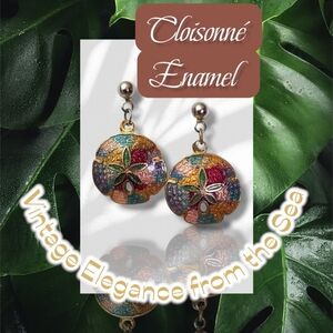 Vintage Cloisonné Sand Dollar Earrings – 1970s Gold Tone